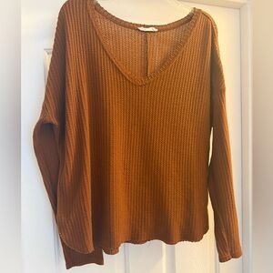 Double Zero Rust-Brown Waffle Knit Relaxed Long Sleeve Shirt